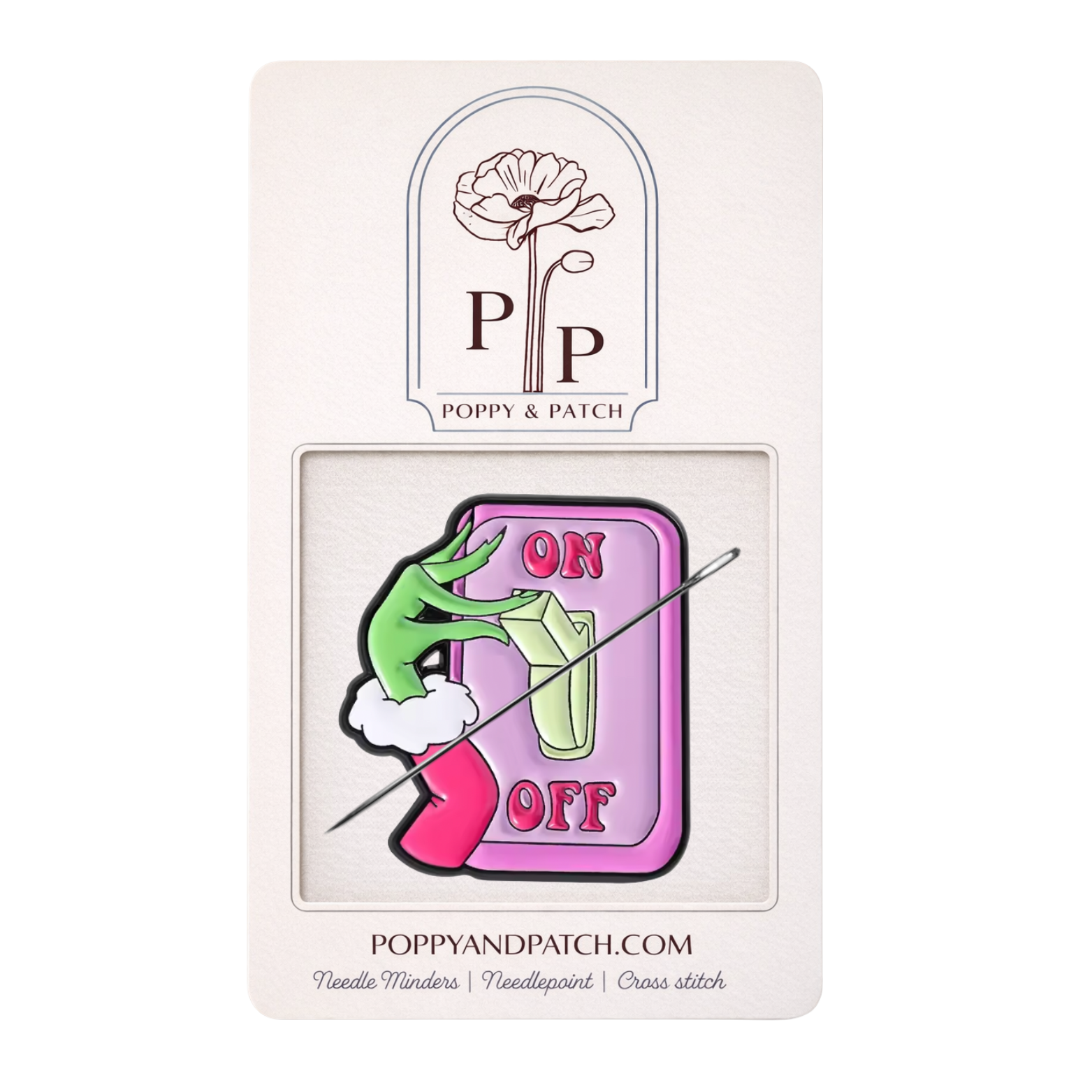 Grinch Inspired On Off Switch Needle Minder – Funny Holiday Magnetic Needle Holder for Needlepoint, Cross Stitch, and Embroidery