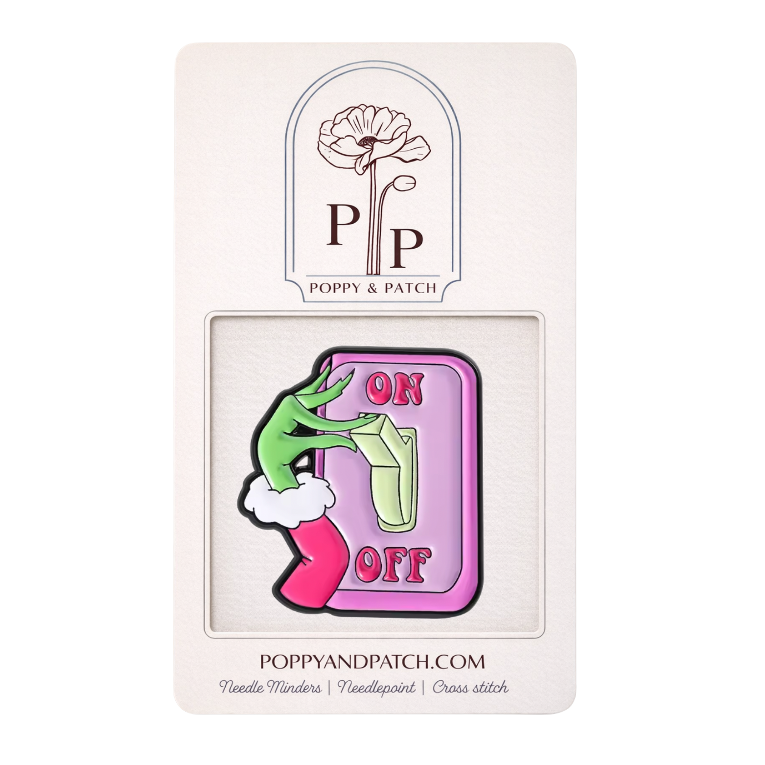 Grinch Inspired On Off Switch Needle Minder – Funny Holiday Magnetic Needle Holder for Needlepoint, Cross Stitch, and Embroidery