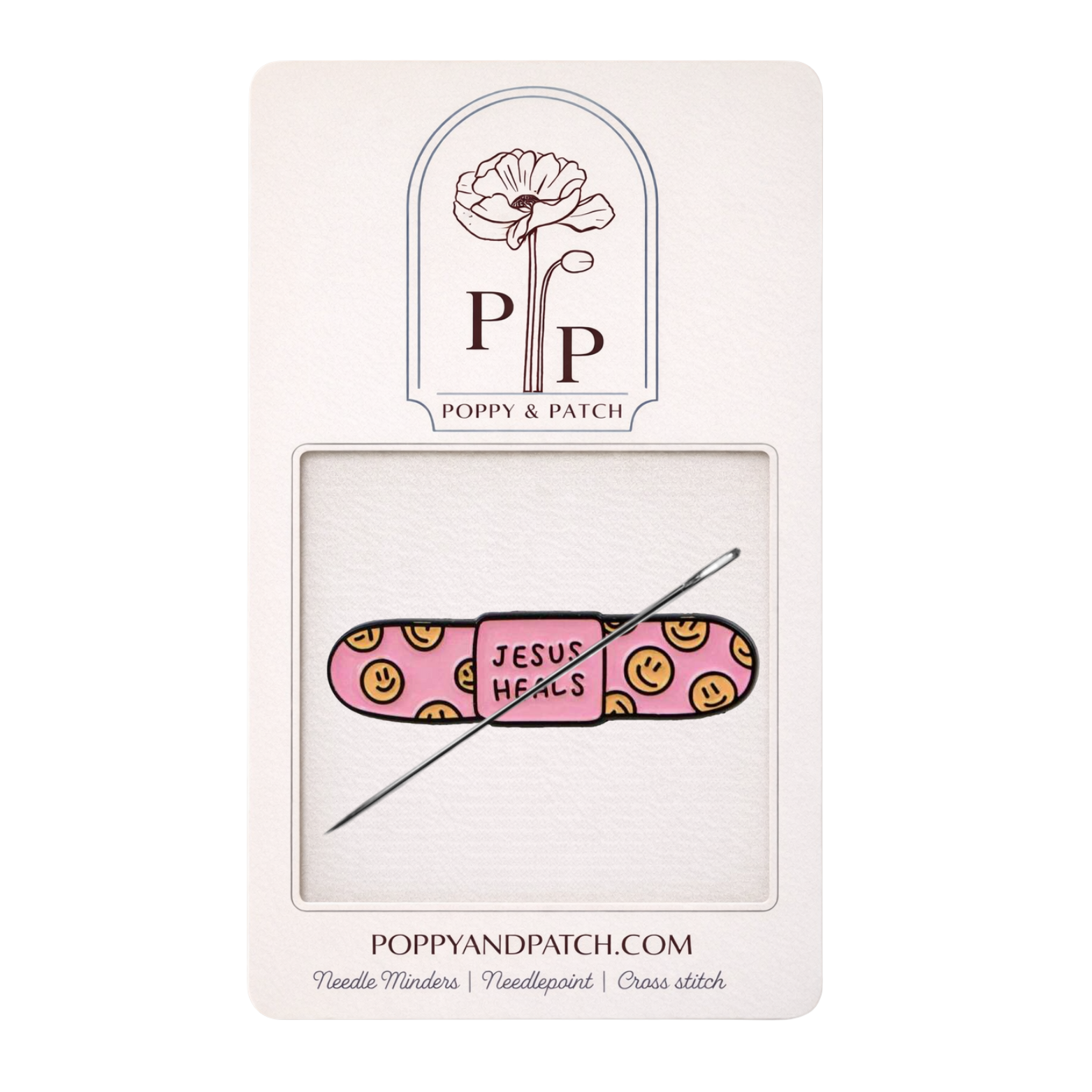 Jesus Heals Bandage Needle Minder – Pink Smiley Magnetic Needle Holder for Needlepoint Cross Stitch and Embroidery