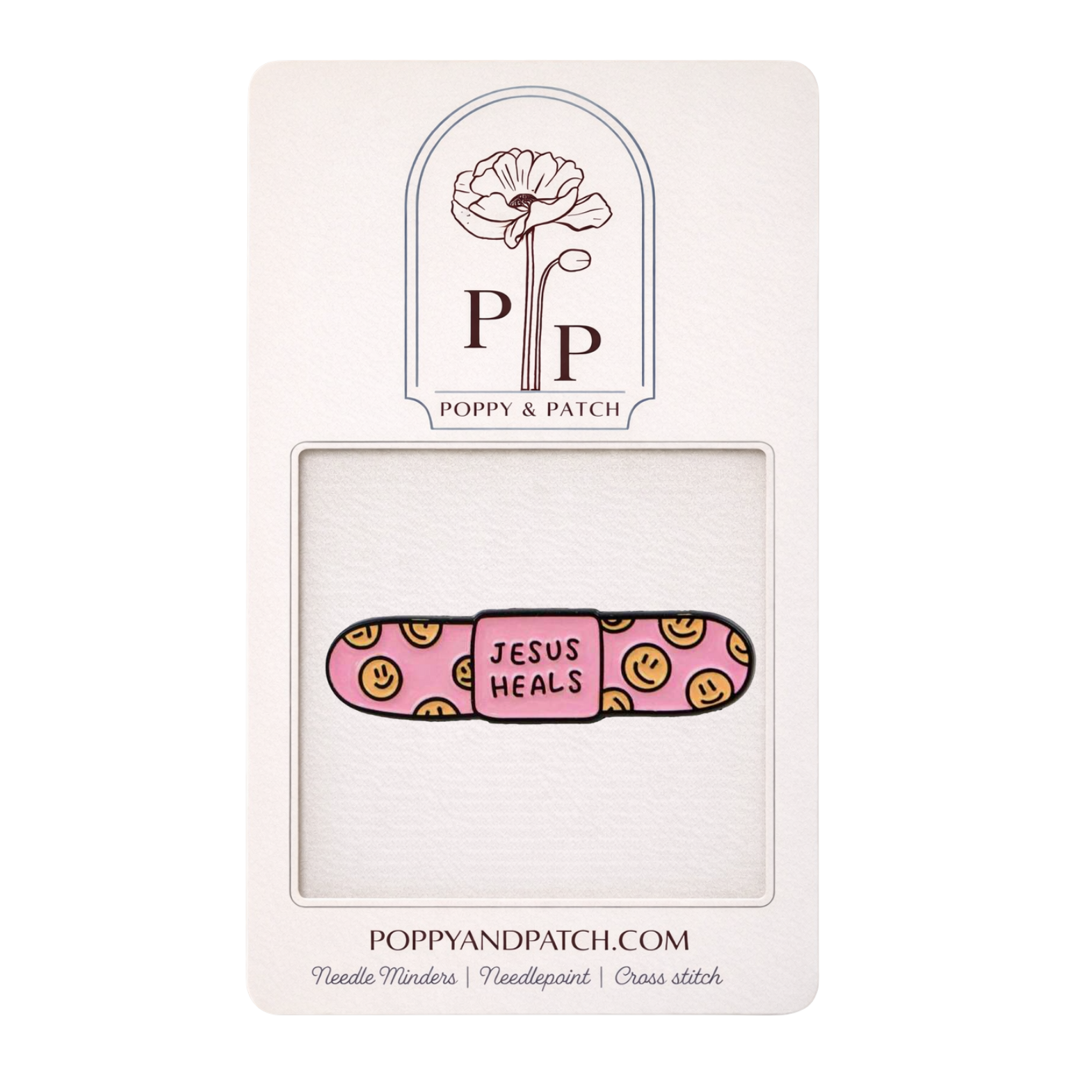 Jesus Heals Bandage Needle Minder – Pink Smiley Magnetic Needle Holder for Needlepoint Cross Stitch and Embroidery