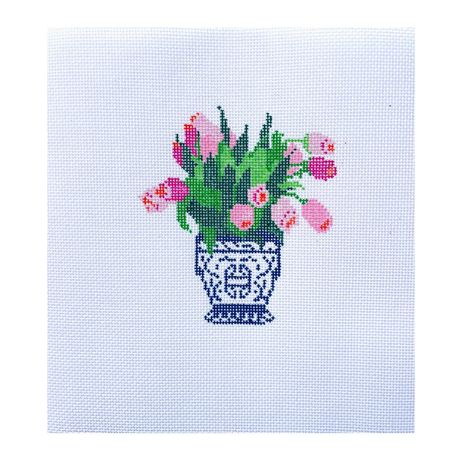 Pink Floral Ginger Jar Needlepoint Canvas – Hand-Painted Chinoiserie Design