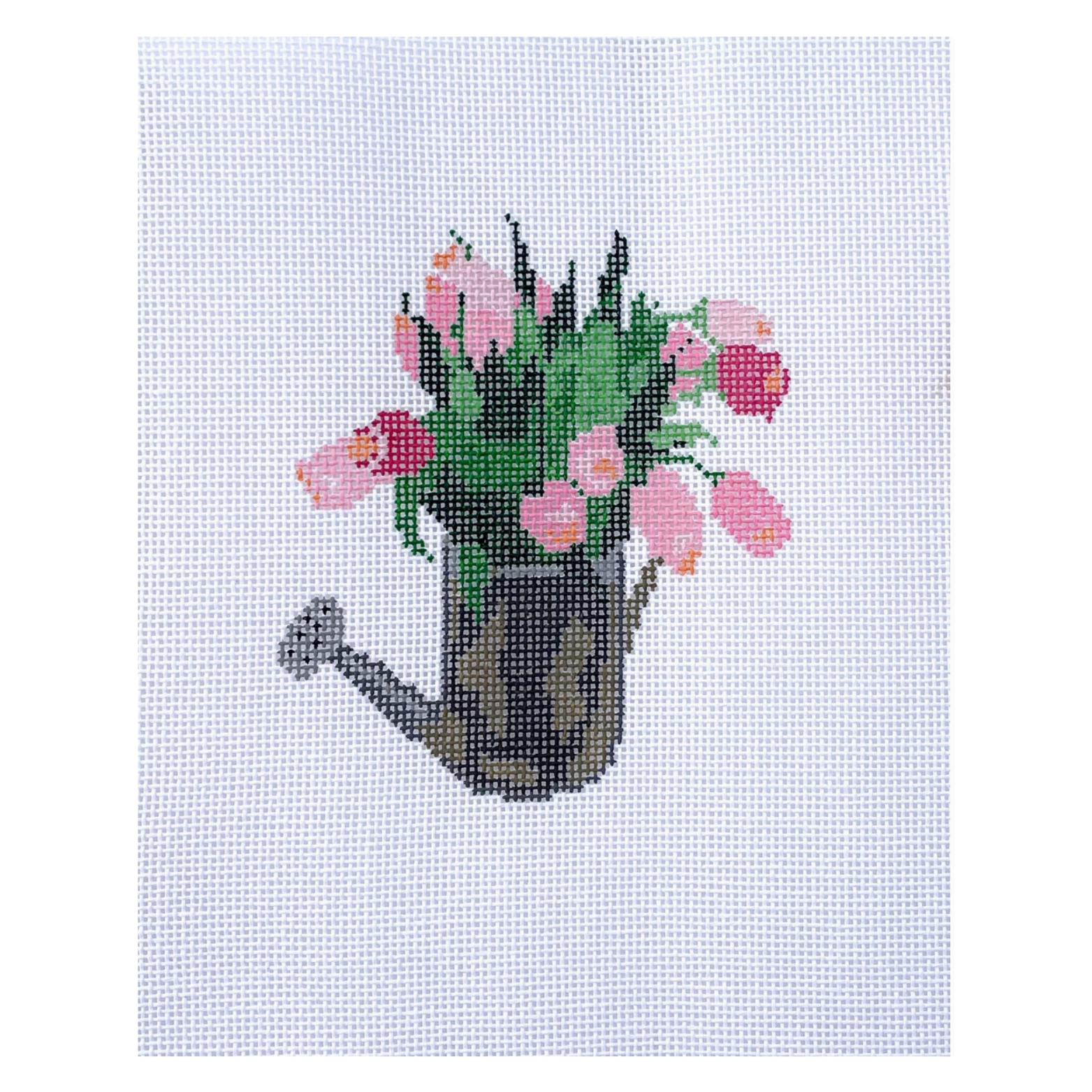 Tulip Watering Can Needlepoint Canvas – Hand-Painted Floral Design